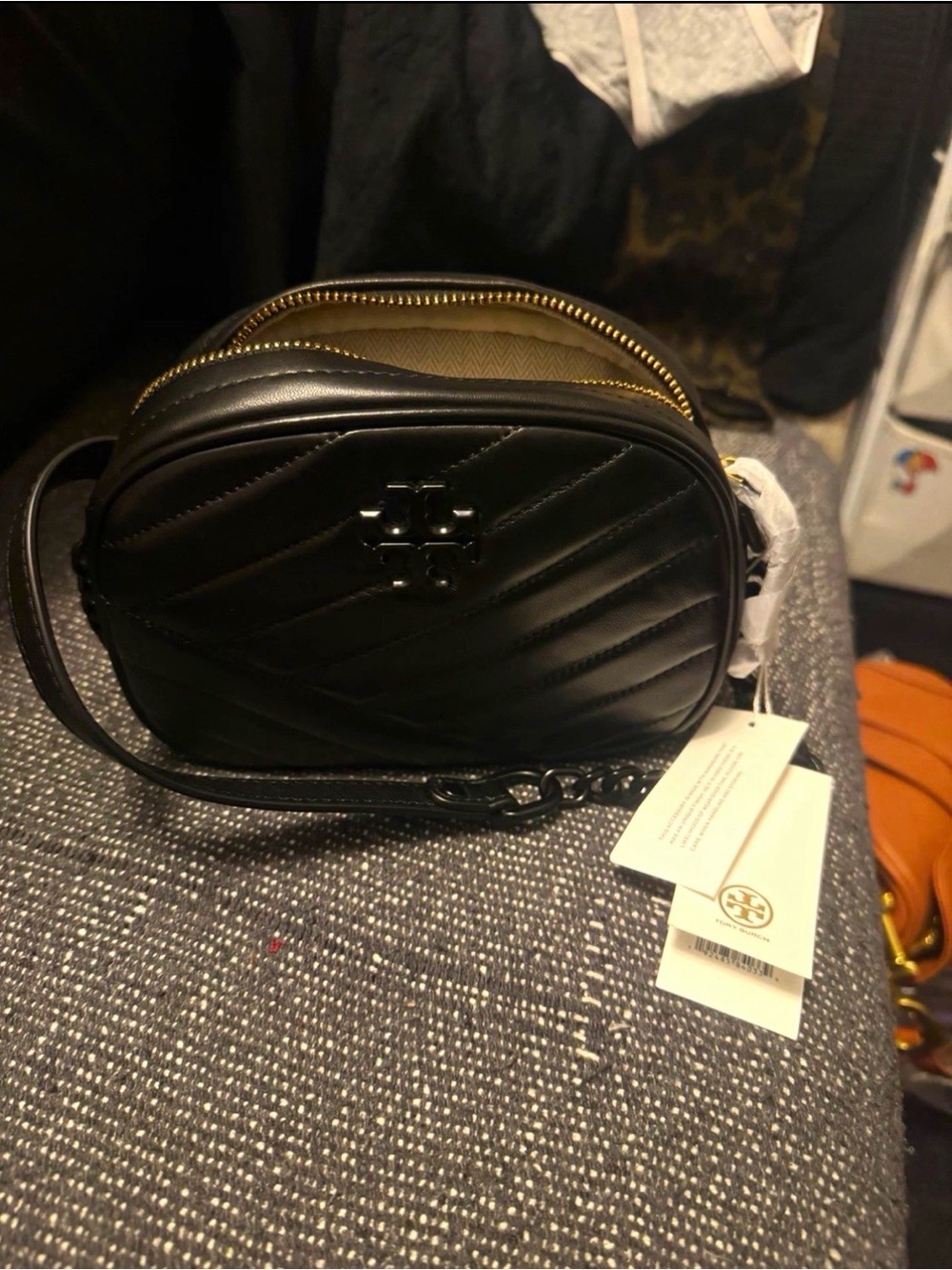Tory Burch Black Quilted Leather Crossbody Camera Bag with Gold Hardware